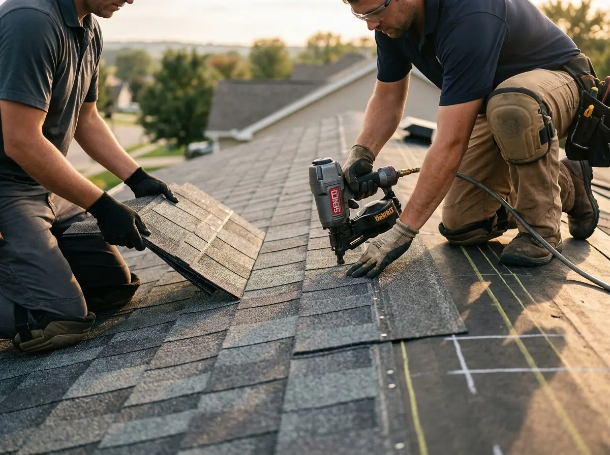 Professional roofer working on a residential roof in University of Virginia